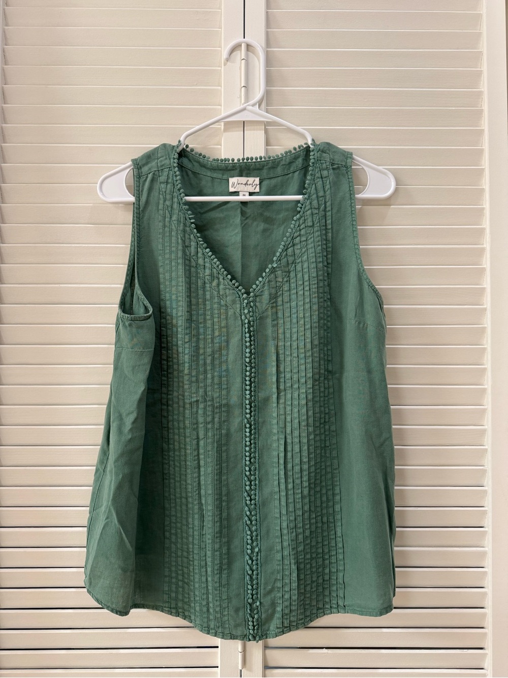 Wonderly Olive Green Pintuck V-Neck Sleeveless Top
